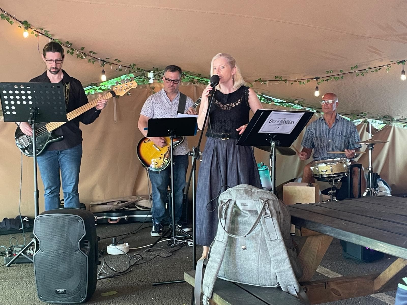 The Out of Handers performing at the Royal Oak — full band on stage